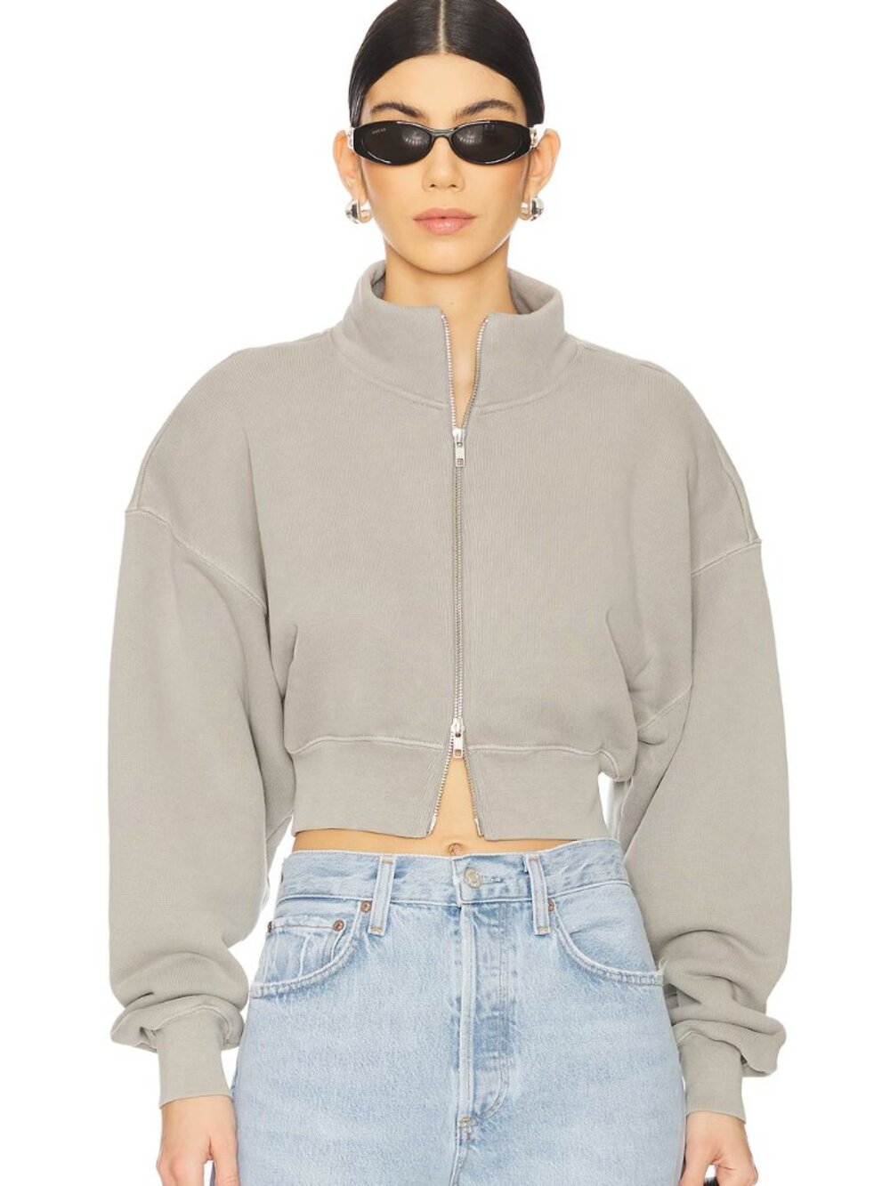 NWT AGOLDE Asta Oversize Cropped Bomber jacket Sweatshirt in Light Gray
